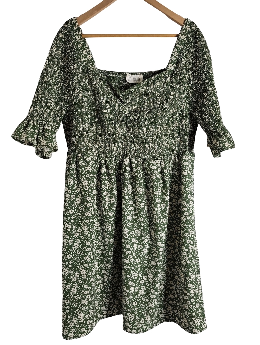 Green Floral Smocked Mini Dress with Square Neck